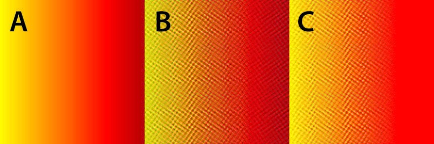 [A] Shows a sample gradient going from yellow to red. The dark red has a bit of cyan. [B] show what happens when minimum dots of yellow, magenta, AND CYAN are added to the gradient. [C] shows a nice clean gradient with only yellow and magenta. This is preferred.